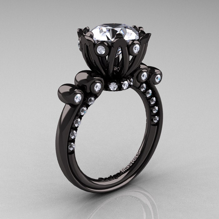French Antique 14K Black Gold 3.0 Carat CZ Diamond Solitaire Wedding Ring Y235-14KBGDCZ