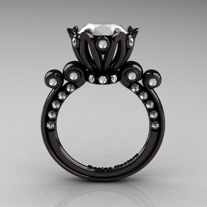 French Antique 14K Black Gold 3.0 Carat White Agate Diamond Solitaire Wedding Ring Y235-14KBGDWAG