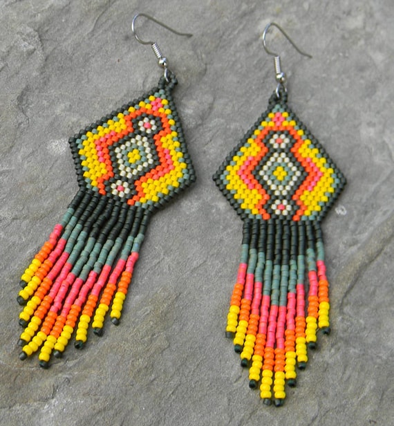 Colorful Native American Style Seed Bead Earrings with original design in yellow, orange, green tones