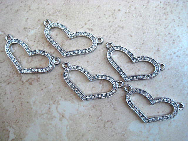 5 Silver Plated Crystal Pave Heart Connector Spacers