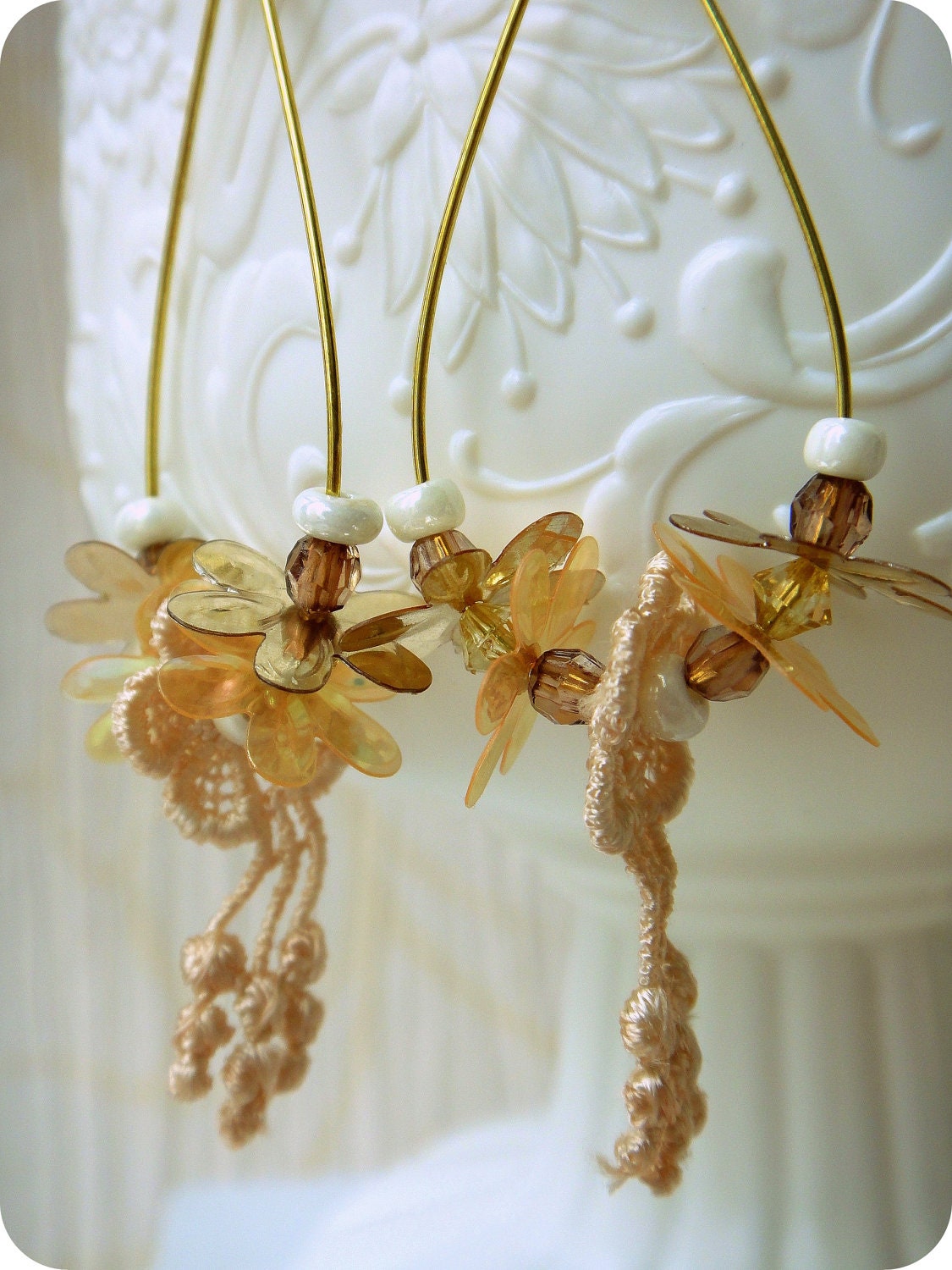 Wedding Bridal Hoop Earrings Floral Lace Sequin Beads Bridesmaid Gift Flower Girl Party New Year Unique Light Sheer Nude Champagne Handmade