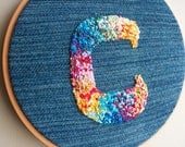 Custom Hand Embroidered Letter // Custom Embroidery // Colorful French Knots // Wall Decoration // Embroidered Initial // Denim Hoop Art