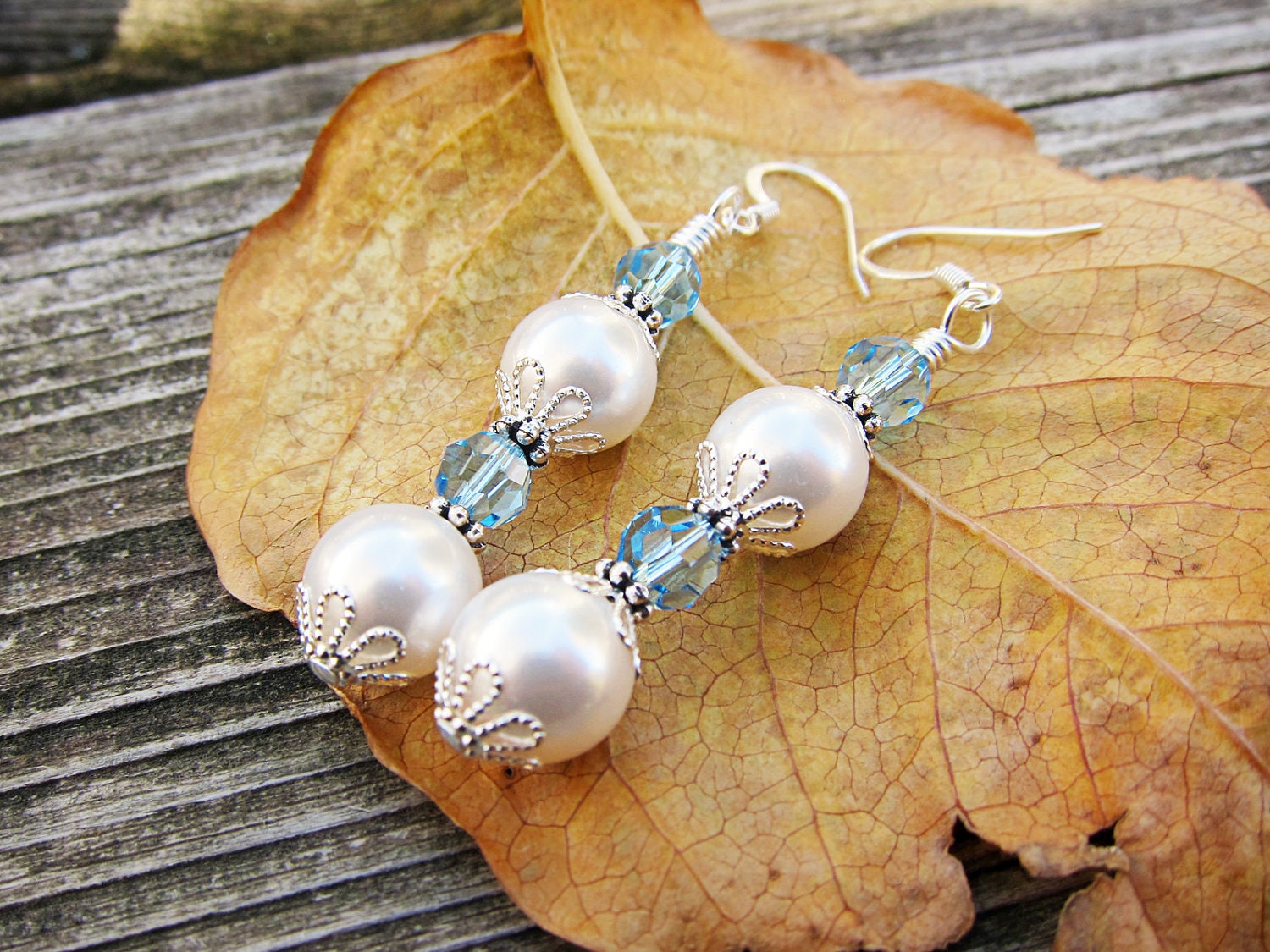 Wedding Bridal Jewelry, Something Blue, Bridesmaid Earrings, Blue and White Pearl Dangle Earrings, Valentines Gift, Vlaentines Day