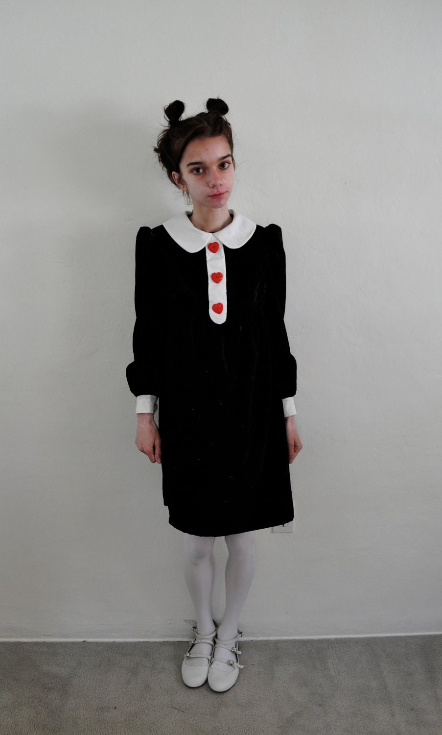 Handmade Black Crushed Velvet Peter Pan Collar Dress with Heart Buttons