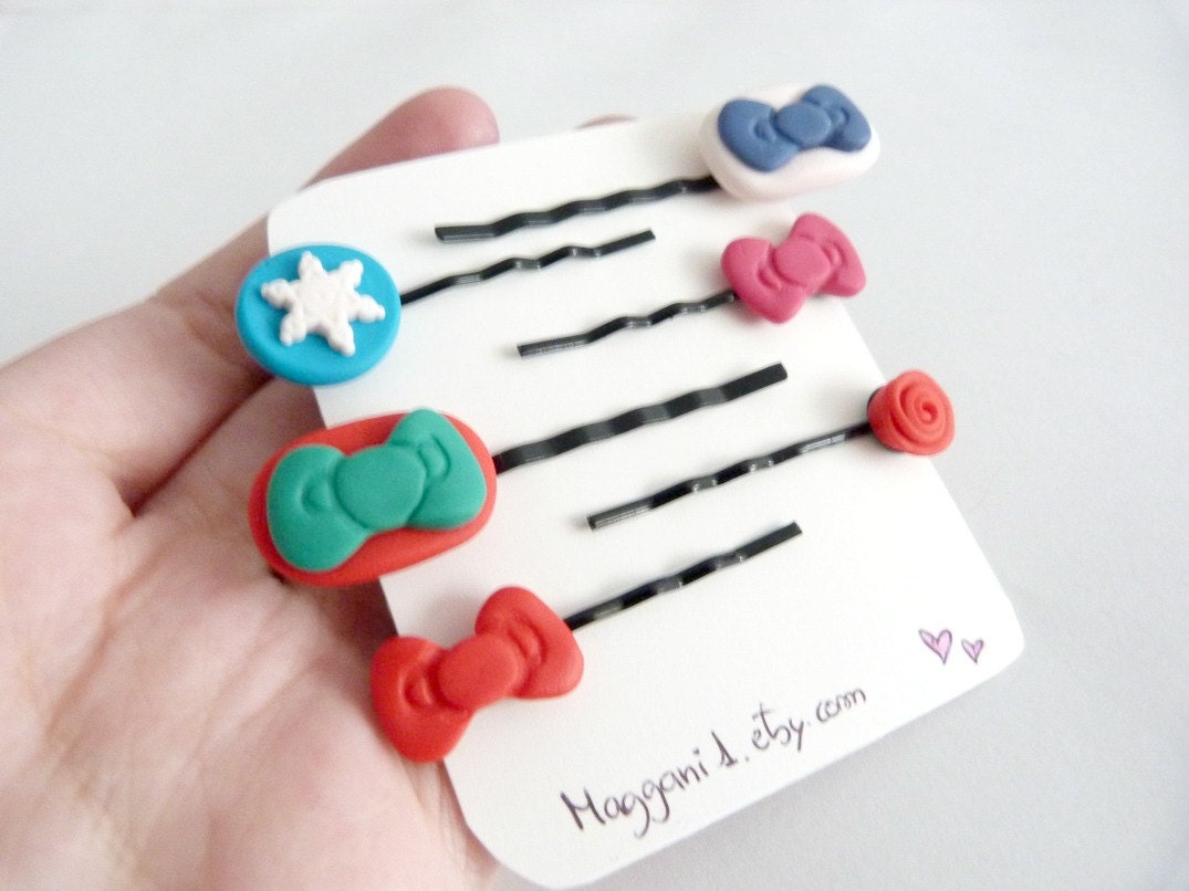 Set of 6 Mix Bobby Pins - Snowflake, Rose, Bow Bobby Pin - Kids Gifts - Hair Accesories - Christmas Gift Under 20