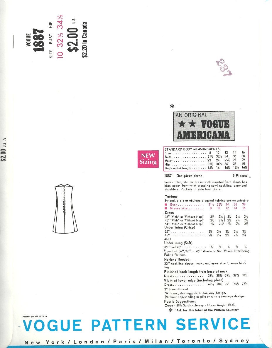 Vogue Americana Dress Pattern 1887 Vintage 1969 size 10 Uncut Teal Traina Dress FREE Shipping
