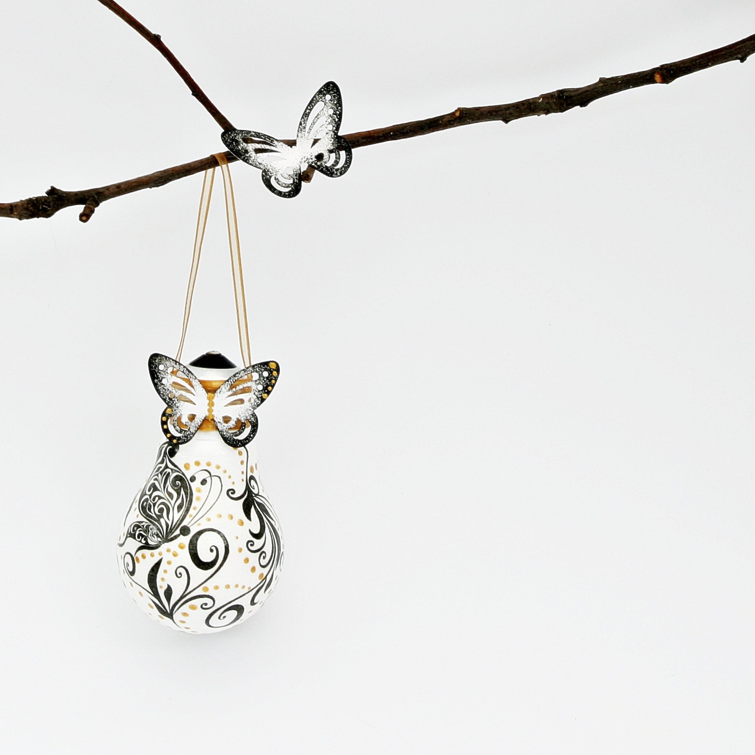 SALE 20% Handmade Decoupage Glass Bulb Decorated with Butterflies Painted in Black, White and Gold