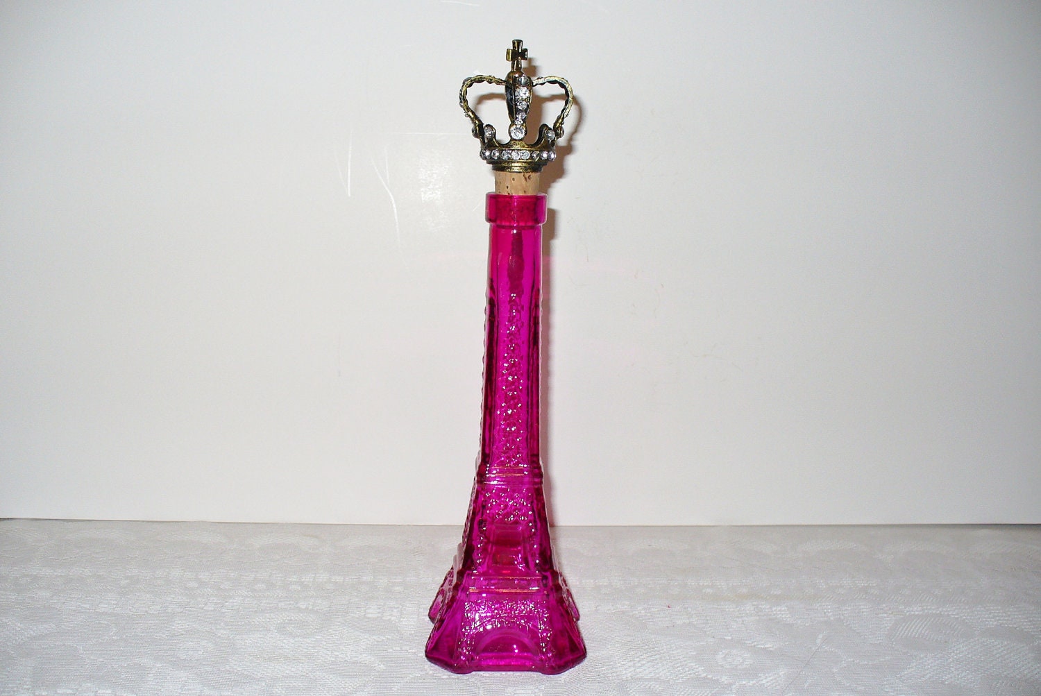 Paris Eiffel Tower Glass Bottle with a Crown Bottle Stopper Princess Pink French Shabby Style
