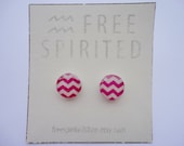 Chevron-Zig Zag-Handmade-Resin Finish Steel Post Earrings-Magenta/Pink/White