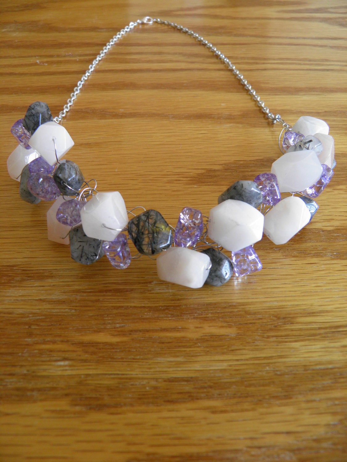 Ice Flake Quartz, Tourmalinated Quartz and Peach Quartz Semi Precious Woven Necklace