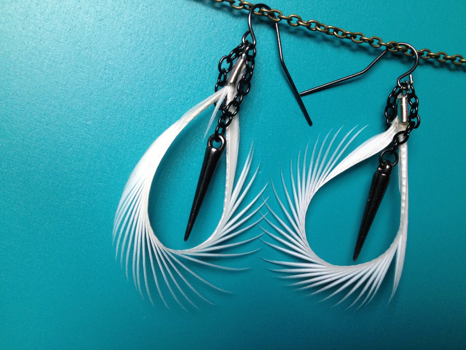 Edgy Black Spike & White Goose Biot Hoop Chain Earrings -Fearless Feathers