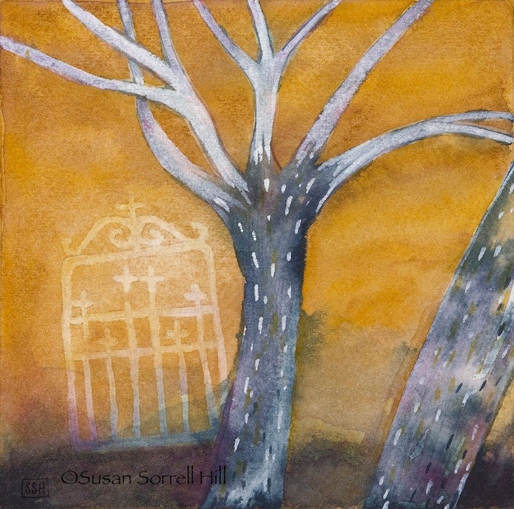 Gate No. 1 watercolor original painting fairytale art tree winter mystery Susan Sorrell Hill