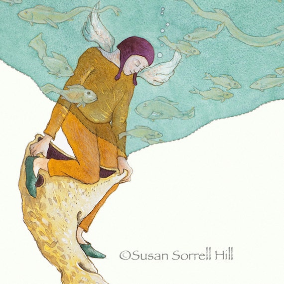 Make Believe watercolor original painting fairytale art angel dream fish costume Susan Sorrell Hill