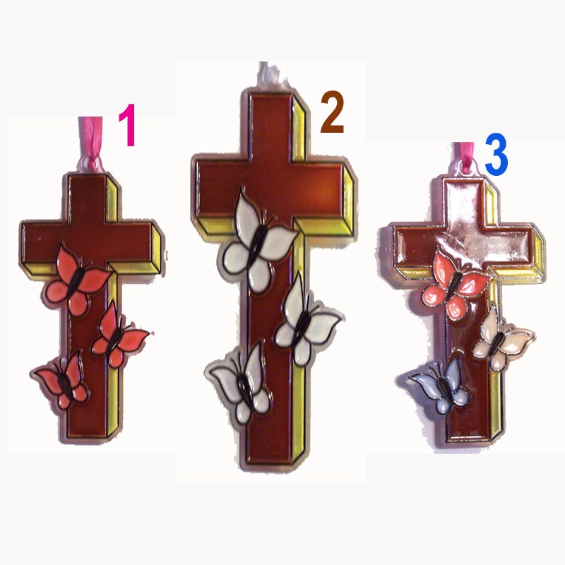 ORNAMENT - Cross With Butterflies - Acrylic - Brown - Yellow -Pink - White - Home Decor