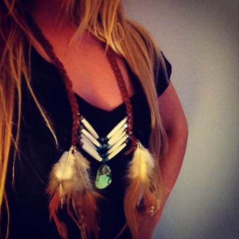 Tribal, Boho, Native American Long Suede Bone Chevron Necklace, Hippie, Turquoise