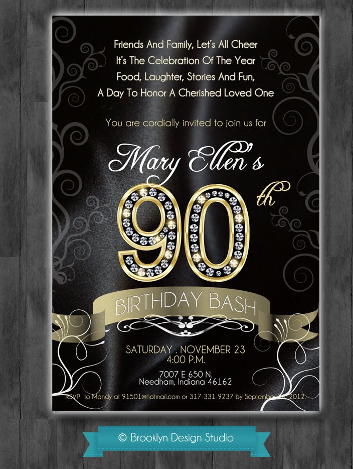90th Birthday Bash - Custom Designed Invitation - Black Satin and Gold with Diamond Numbers- Digital File
