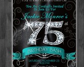 30,35,40,45,50,55,60,65,70, 75th Birthday Bash - Custom Designed Invitation - Black Satin with Diamond Numbers and Teal and Silver Accents