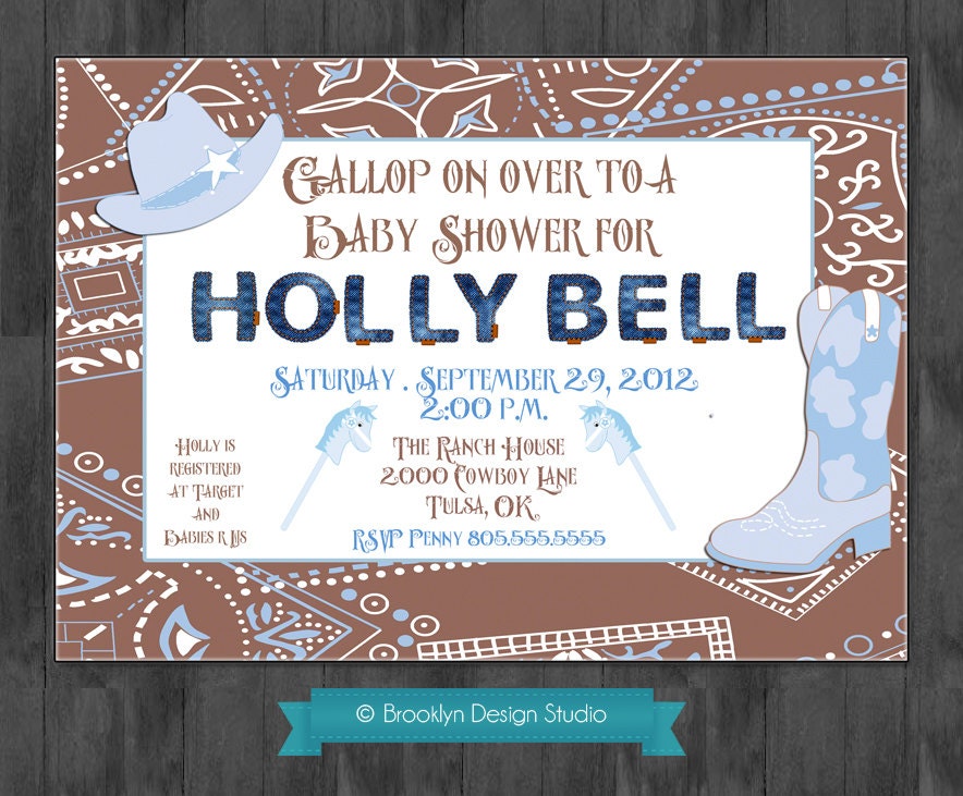 Cowboy Baby Boy Shower Invitation - Custom Designed - Blue, Brown and White Bandana - Digital File