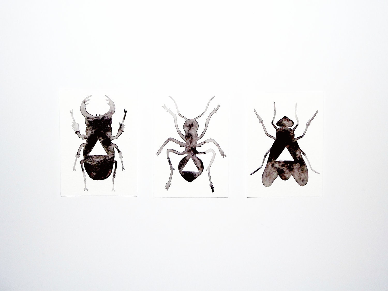 Set of 3 - Original Watercolor - Geometric Bugs - 5 x 7 - GeometricInk
