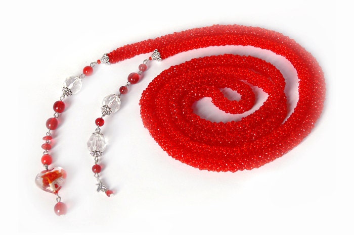 Long Red Necklace. Handmade Lariat Necklace. Beaded Red Necklace. Beadwork. Long Necklace.  Belt
