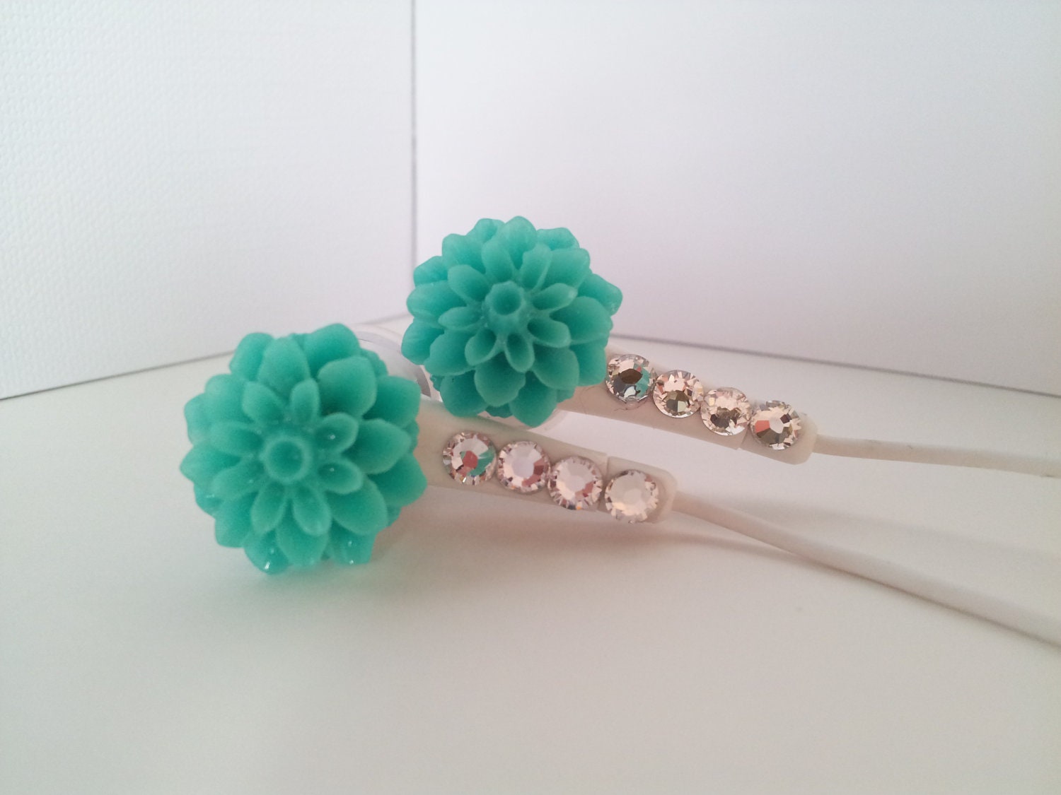 Super cute Teal Dahlia Flower Earbuds with Swarovski crystals