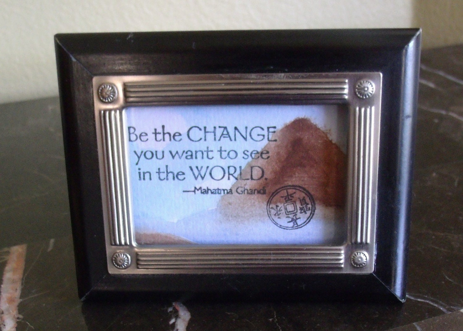 Inspiration Art  GHANDI Framed Watercolor Mixed Media Original Gift OOAK  Mahatma GHANDI mountain water