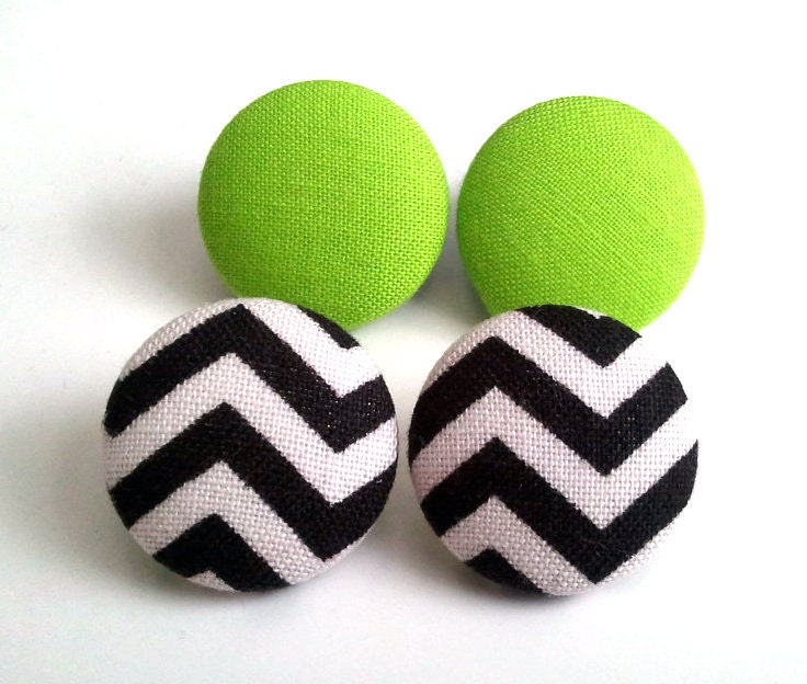 2 for 11.50 pop of color earring set. Black and white chevron and lime green fabric button earrings