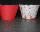 Red and White Christmas Reindeer Cupcake Wrappers. Set of 12 Christmas  Holiday Deck the Halls Party