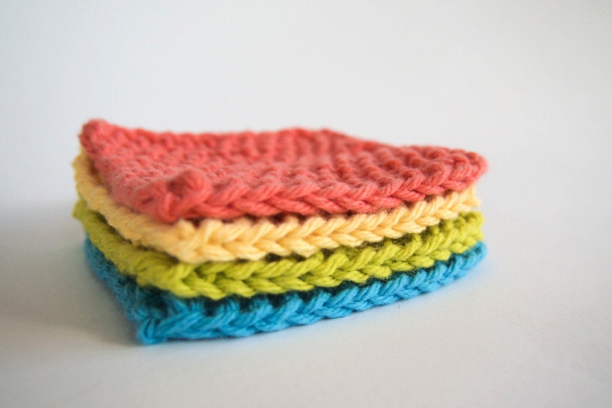hand knit bright colors cotton face scrubbies, set of 4