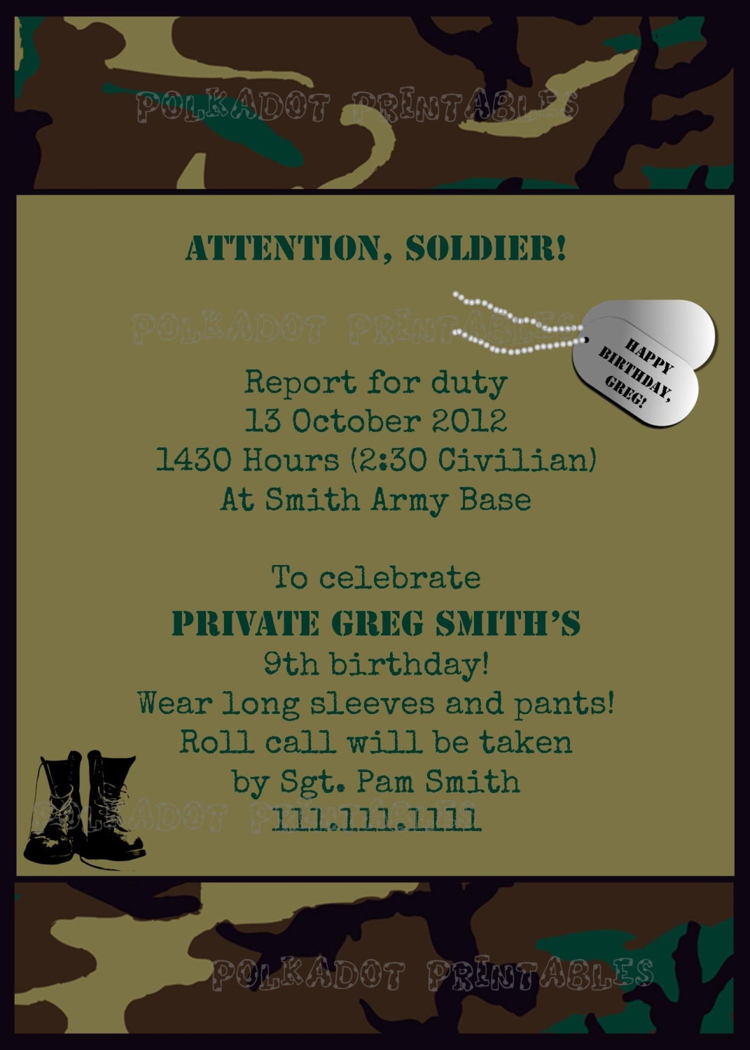 Camo Army Inspired 5x7 Invitation - Printable Digital File