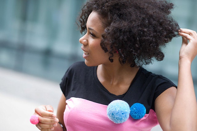 handmade brooch with a big light blue pompom, pom pom, pompon by bimabejbe
