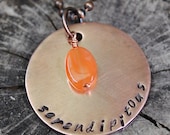 Serendipitous Inspiration Pendant, Handstamped Copper Necklace with Ball Chain and Carnelian Stone