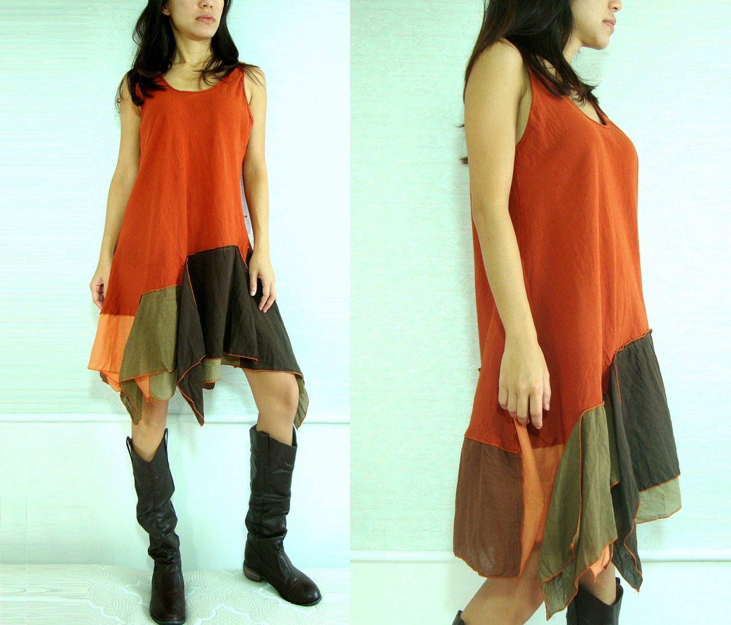 Burnt Orange mini dress, Boho babydoll Dress, Summer Dress, Pixie, Gypsy, Bohemian, Tunic, Short Dress, Cotton mini dress - "Summer Flirt"