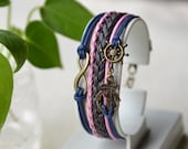 Brass Infinity & Anchor/Rudder Charm Bracelet, Brown And Pink Braid Leather, Dark Blue Wax Cord, Vintage bracelet