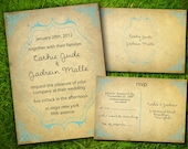 Vintage Victorian Classic Damask Turquoise Customizable Wedding Invitation and RSVP Card Suite - Double Sided DIY Printable