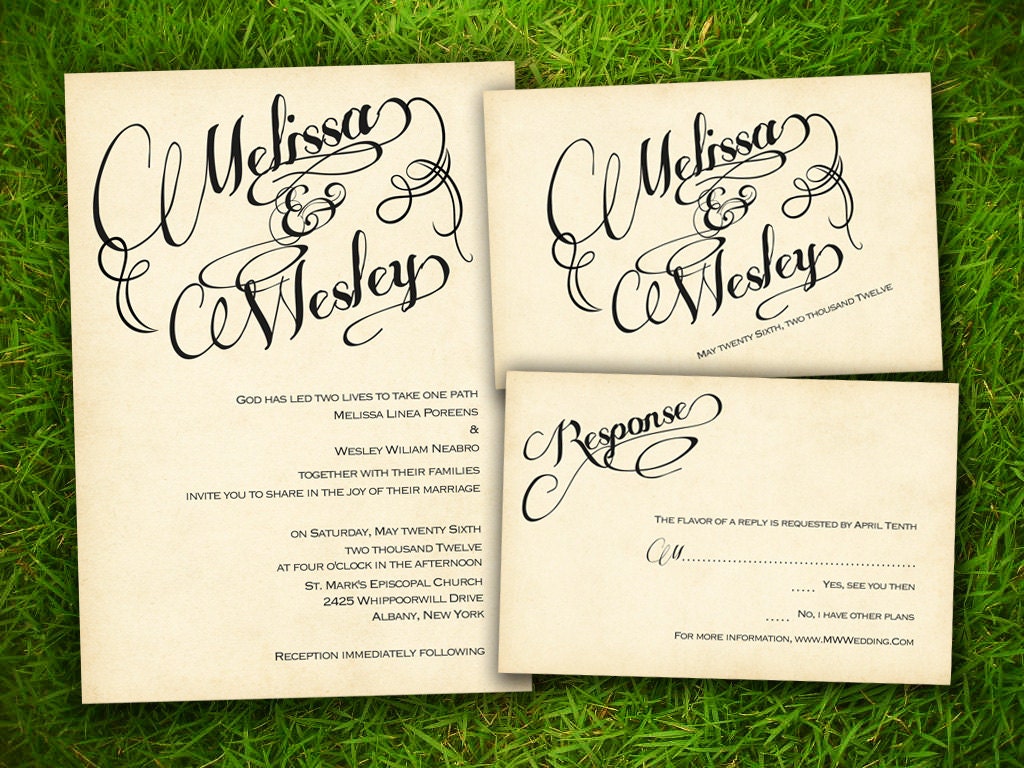 Wedding Invitation and RSVP Card Suite - Vintage Modern Elegant Calligraphy Customizable Double Sided DIY Printable