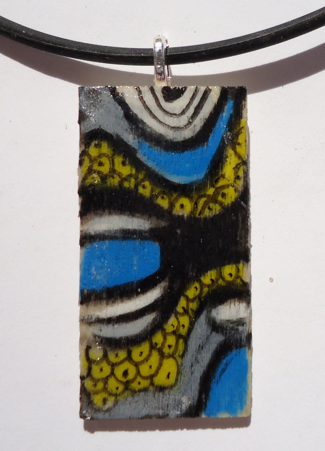 retro beach colors, ooak mini art hand painted wood pendant, blue, yellow and grey colors
