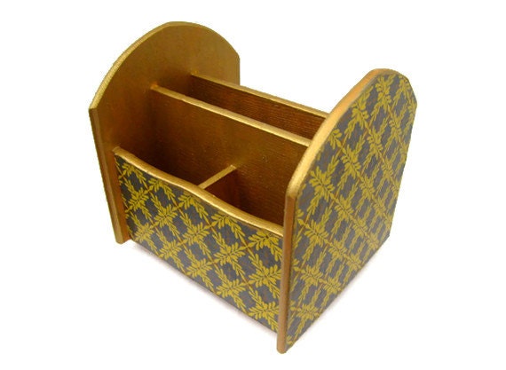 Chic Desk Organizer - Wooden Organizer Painted in Metallic Gold and Decoupaged with Indian Fine Paper