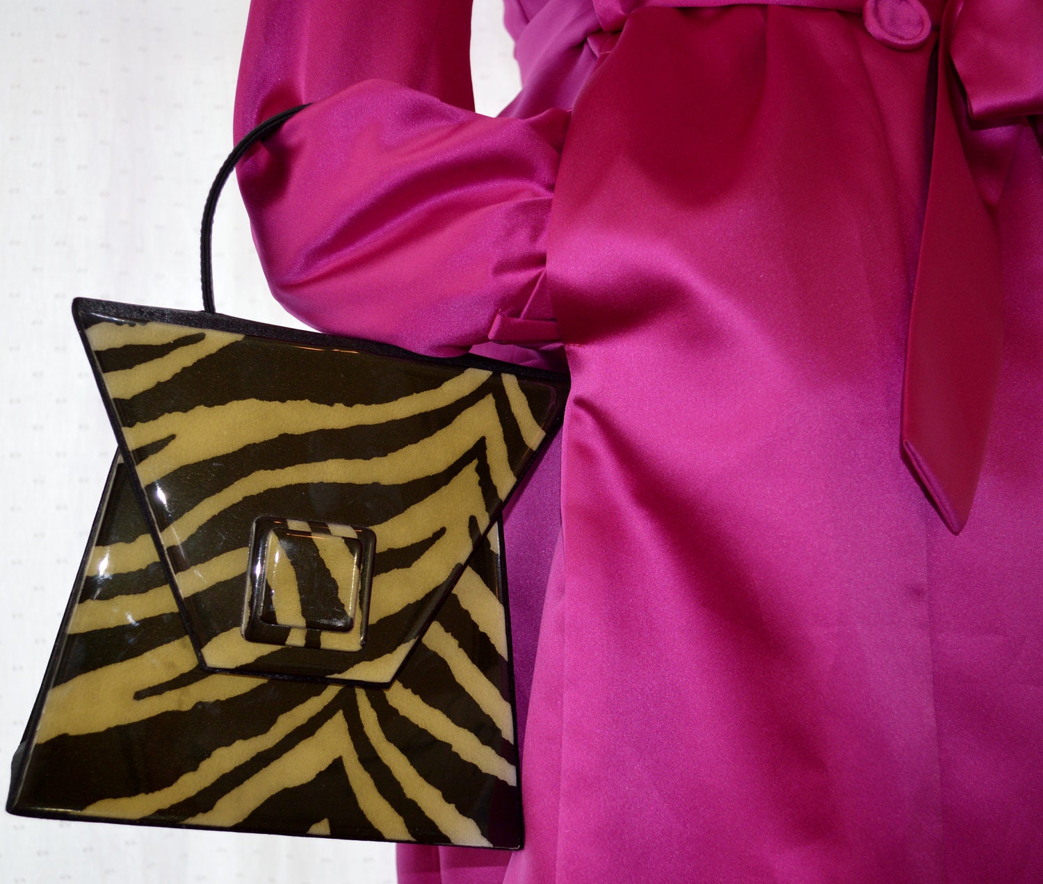 SALE Unique Zebra Animal Print Geometric Shape Black Tan Brown Silk Plastic Resin Handbag