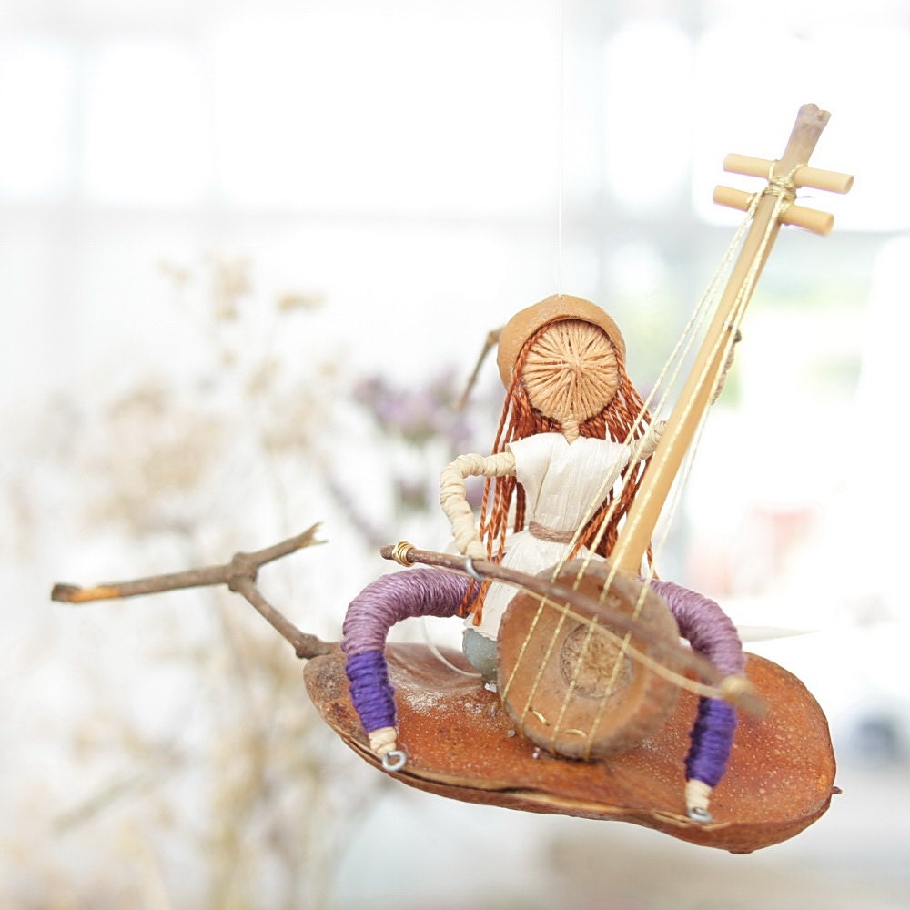 OOAK Art doll mobile - The Cello player -  Natural Autumn and Purple Colors