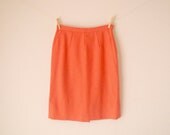 Vintage. 60's Mod Orange Salmon High Waisted Pencil Skirt. Wool. Back Pleat. Arrow Details. Knee Length. Retro. Size Small