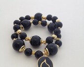 Black Onyx and Gold Stackable Charm Bracelet- Set of Two