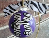 Hand Painted Girl's Purple and Zebra Print Glass Christmas Ornament...Zebra..Animal Print..Initial..Monogrammed.. Polka Dots