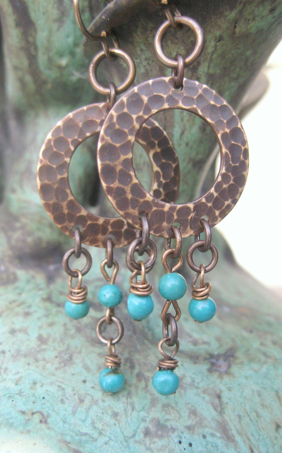 Turquoise Earrings, Turquoise Statement Earrings, Long Dangle Earrings, Long Earrings, Blue Earrings, Hammered Hoop Earrings, Hoop Earrings