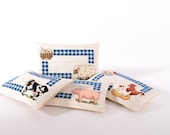 cross stitch, lavender sachets, rustic, farm animals, set of four, 4, pillows, farmhouse chic, home decor, cow, sheep, pig, chicken, blue