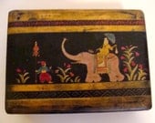 Vintage LacquerWare Box Trinket Box Indian Elephant Motif, Bohemian Cosmetic "Bag"