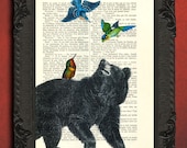 Black bear and elegant birds - upcycled French dictionary art print - Mixed media book page print