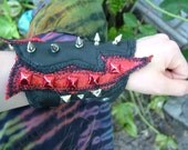 Hand Made 80s Metal Vixen Black and Red Leather Patch Work Cuff Bracelet with Screw Back Spikes and Studs Rock Punk Goth OOAK Wrist Armor
