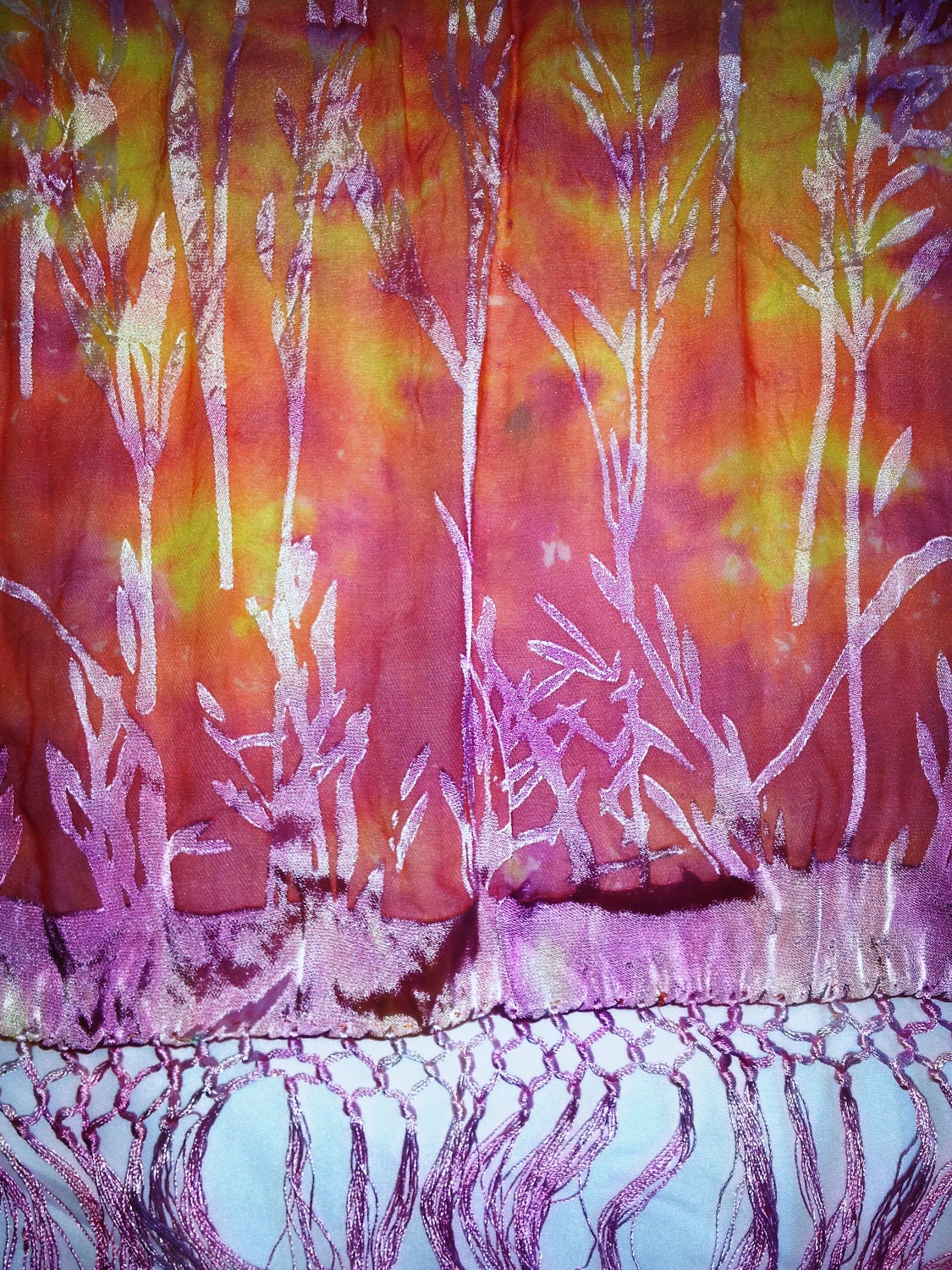Red and Orange Satin and Silk Scarf w/ Fringe 22"x72"