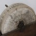 Rustic vintage sharpening stone, late Victorian hand operated stone in pine trough